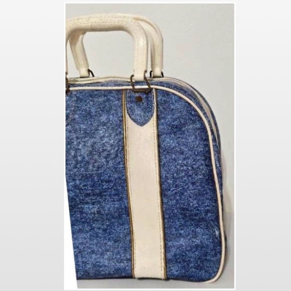VTG Brunswick Bowling Bag Unisex Blue & White Stripe Handles Metal Rack - Picture 7 of 16